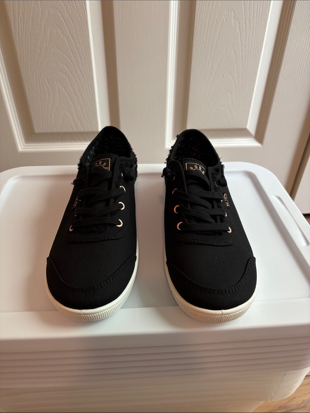 BOBS from Skechers Black Canvas Slip-On Sneakers with White Soles